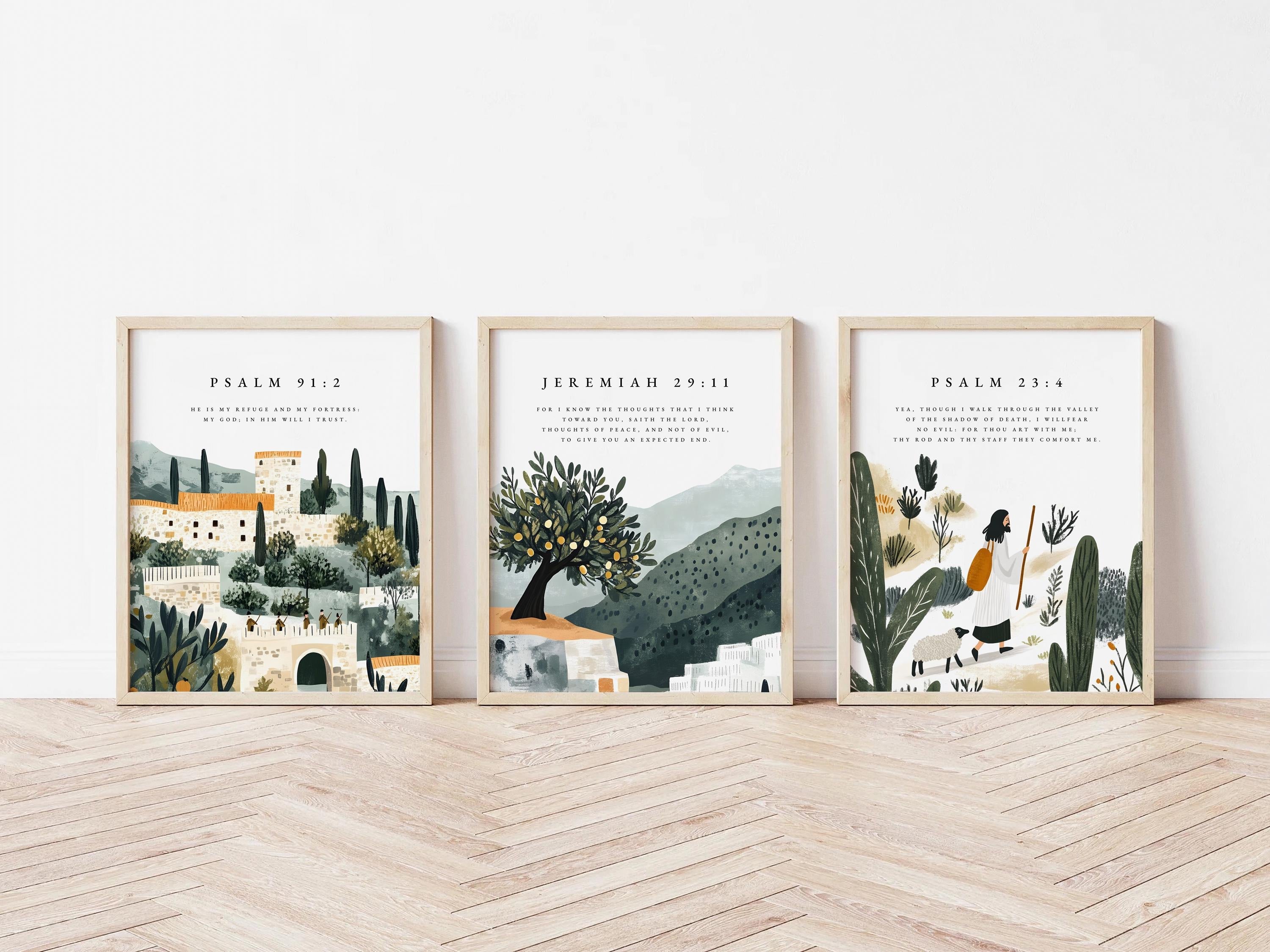 Set of 3 Bible Verse, Psalm 23:4, Jeremiah 29:11, Psalm 91:2, Jesus painting, Print, Jesus portrait, Jesus wall art, Inspirational quotes